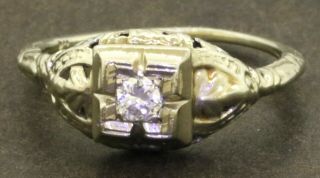 Antique 14k Wg 0.  15ct Filigree Solitaire Wedding Engagement Ring Size 4.  5