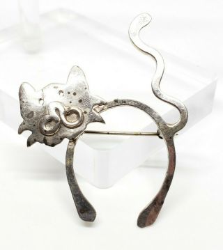Adorable Vintage Signed Sterling Silver Abstract Modernist Kitty Cat Brooch Pin