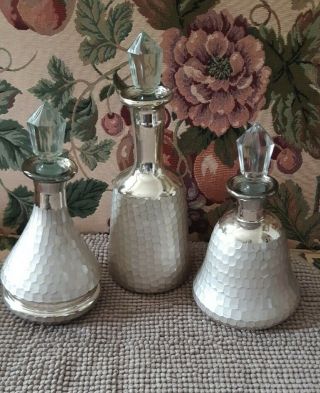 3 Vintage Style Mercury Glass Bottles - W/glass Stoppers