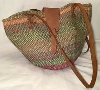 Vtg/antique Kenyan Sisal Bag/purse With Leather Straps & Shoulder Straps