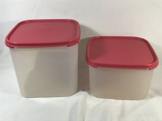 Vintage Tupperware Set Of 2 Sheer Square Stack Containers Pink Lids 4 & 2.  6 Ltrs