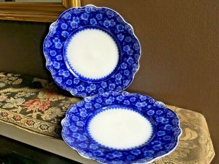 Set Of 2 Antique W H Grindley Grace Pattern Flow Blue 10 " Dinner Plates 1890 