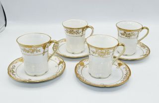 Vintage Hand Painted Nippon White And Gold Moriage Tea Cup & Saucer Set Of 4