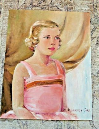 M.  Downing Carr Vintage Girl In Pink Dress Oil Painting Unframed
