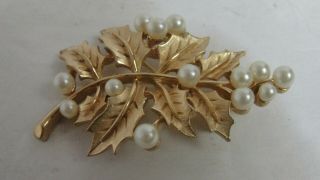 Trifari Vintage Costume Gold - Tone Pearl Holly Pin Brooch 2.  5 " X 1.  5 "