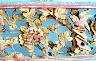 Antique Chinese Carved Gilt Lacquer Wood Panel Framed Peonies Bird Flowers 6x15 "