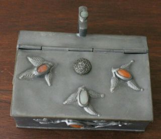 Old Antique Chinese Pewter Box With Gemstones Marked China