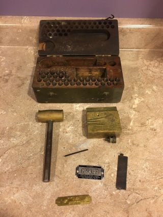 Antique Vintage 1/8” Letter And Number Stamping Set W/brass Hammer & Block