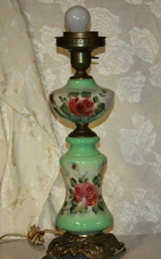 Antique Victorian Gone With The Wind Hand Painted Glass Metal Parlor Table Lamp