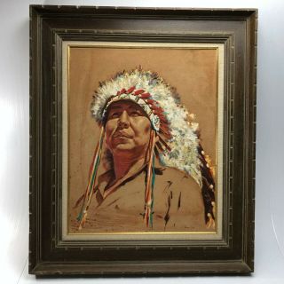 Vintage Acrylic On Suede Painting Of Native American Chief With Head Dress By An