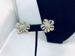 Vtg.  Sarah Coventry “mountain Flower” Green Rhinestone Clip On Earrings
