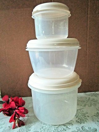 3 Vintage Rubbermaid Servin Saver Containers 10,  6,  3 Cups Almond Lid Sheer Round