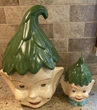 Vintage Pixie Imp Elf Cookie And Elf Sugar Jar Green Signed Ceramic Pottery