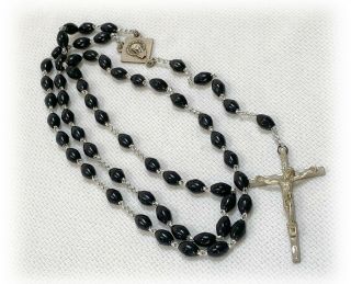 Vtg Knights Of Columbus Black Bead Rosary Crucifix Italy Stylized Medal K Of C