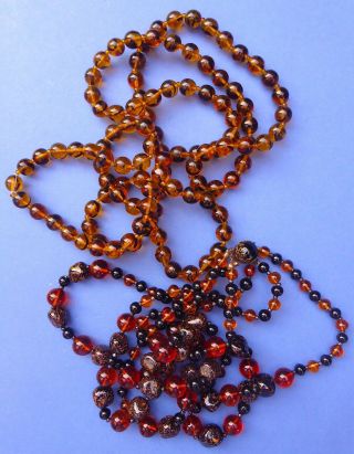 2 Vintage Amber Glass Bead Necklaces 1930s - 50s Aventurine Venetian Flapper