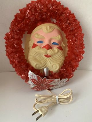 Vintage Christmas Light Up Santa Face Cellophane Red Wreath