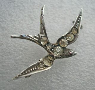 Pretty Antique Victorian Sterling Silver Brooch Paste Set Flying Swallow Bird