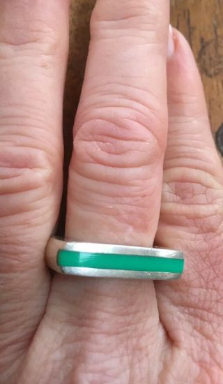 Vintage 1970s,  Heavy,  Solid Sterling Silver,  Bright Lime Green Enamel Ring Band