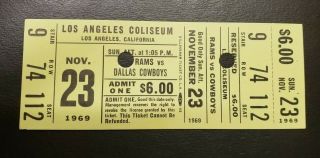Los Angeles Rams Vs Dallas Cowboys Ticket Nov 23 1969 Nfl Football
