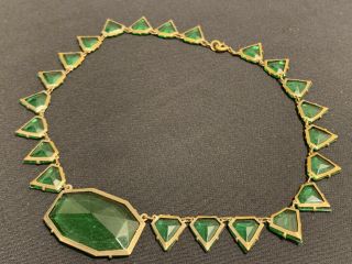 Vintage Antique Czech Art Deco Green Glass Brass Bezel Choker Necklace