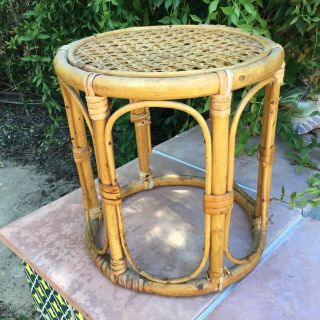 Vintage Rattan Bamboo Cane Plant Stand Tropical Boho 1970s Wicker Decor
