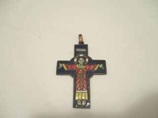 Cross Iesvs Christ Pendant Enamel Multi Color Vintage Copper 2 7/8 Inches Long