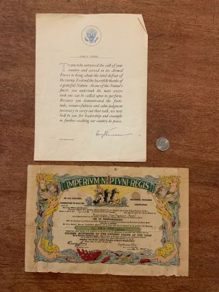 Vintage 1944 Us Navy World War Ii Wwii Equator Certificate Truman Thanks Letter