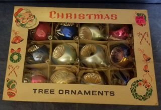Vintage Box Of Hand Painted Indent Christmas Ornaments.