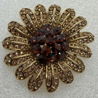 Vintage Flower Brooch Pin Amber Color Glass Rhinestone Costume Jewelry