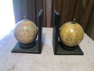 Vintage Pair 2 Wood Spinning World Map Globe Shelf Bookends Set