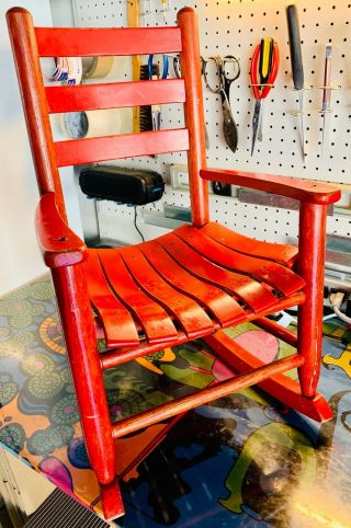 Vintage Child’s Hardwood Slat - Seat & Back Rocking Chair,  Faded Red 1950s