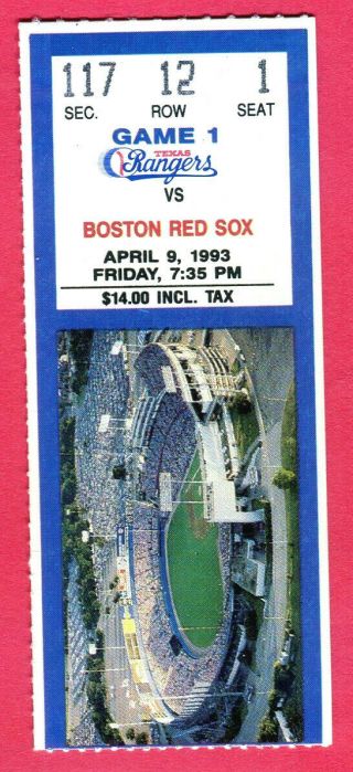 Nolan Ryan Win 320 Ticket Stub - 4/9/93 Rangers Opening Day Vs.  Red Sox