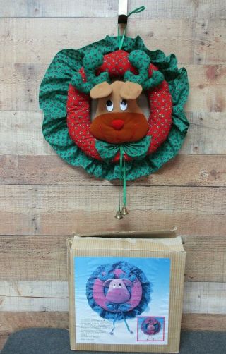 Vintage Reindeer Fabric Christmas Wreath W/ Lights And Music Motion Sensor