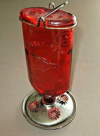Vintage Red Glass Bottle Hummingbird Feeder Perky Pet Nectar Feeder Lititz Pa