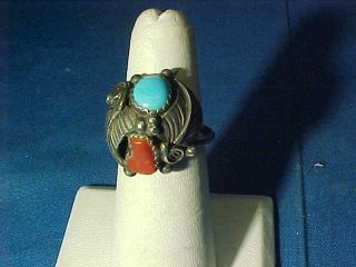 Vintage Navajo Sterling Silver Ring W Leaf Design Turquoise,  Coral Size 6