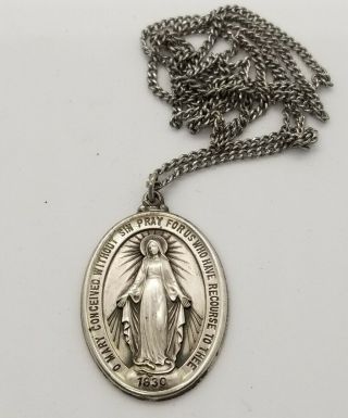 Vintage Lg Sterling Virgin Mary Catholic Miraculous Medal Necklace Chain Pendant