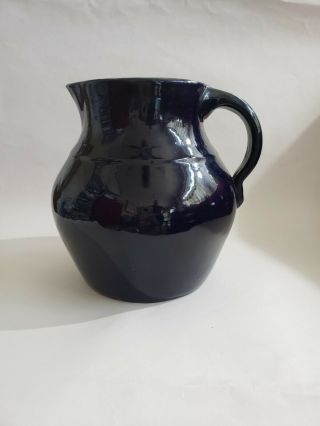 Large Vintage Stoneware Pottery Crock Pitcher Cobalt Blue Glaze 9 "