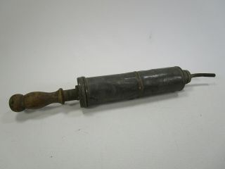 Antique Medical Instrument Enema Syringe Vintage Metal With Wood Handle Pump