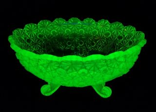 Antique Late 1800s Lg Eapg Uranium Vaseline Glass Footed Bowl Daisy Button Nmint