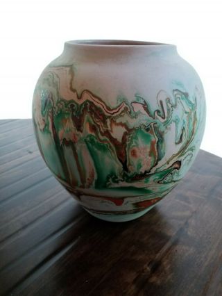 Vintage Nemadji Pottery Vase Green And Orange Swirl Design