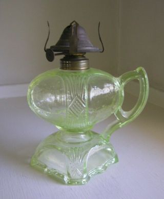 Antique Vaseline Glass Oil Lamp W/ Handle Eapg Diamond