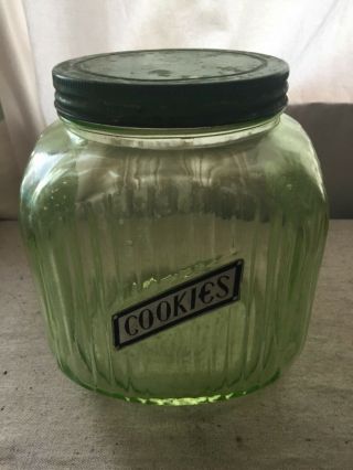 Antique Green Depression Glass Canister Cookie Jar Metal Lid Cookies Label