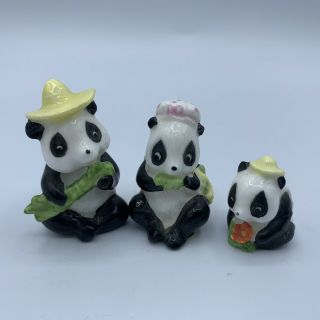 Vintage Set 3 Miniature Bone China Panda Bear Family Figurine Made In Taiwan