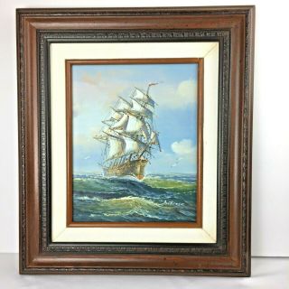 Vintage Ambrose Signed Oil On Canvas Sailing Ship At Sea Wood Frame Nautical