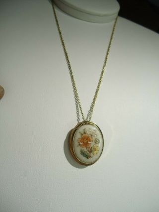 Lenox Vintage Gold Tone Floral Porcelain Pin/necklace - Made In Usa