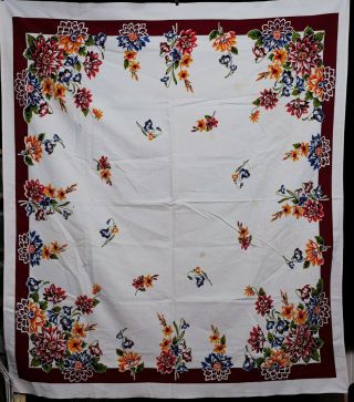 Vintage White Floral Table Cloth With Red/maroon Border