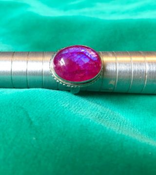 Vintage Pink Rainbow Moonstone Cabochon And Sterling Silver Ring Size M/n