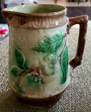 Antique Ca 1860 English Majolica Pitcher Basket Weave With Flowers