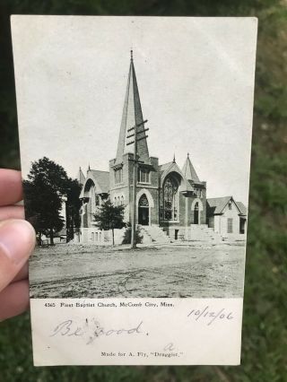 Antique 1906 First Baptist Church - Mccomb City,  Miss Mississippi Postcard Rppc