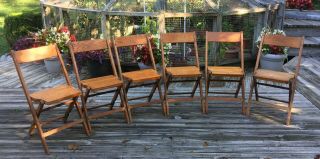 Set Of 6 Snyder Antique Oak Wooden Slat Folding Chairs
